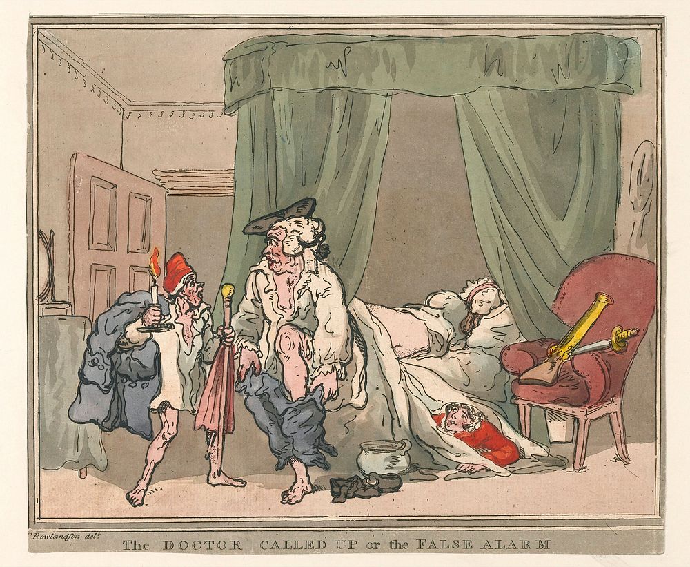 A physician called out of bed by a hoax night call. Coloured etching after T. Rowlandson, 18--.