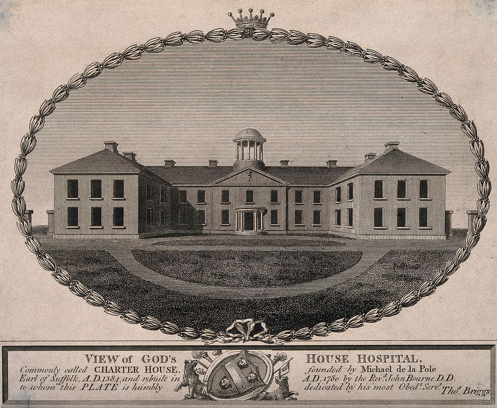 Charter House Hospital, Hull: the main facade. Engraving by T. Briggs, 1780.
