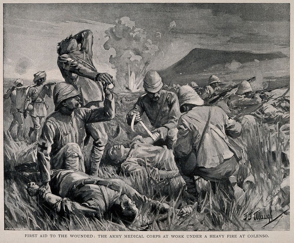 Boer War: first aid to the wounded on the battlefield at Colenso. Process print after J.J. Waugh.