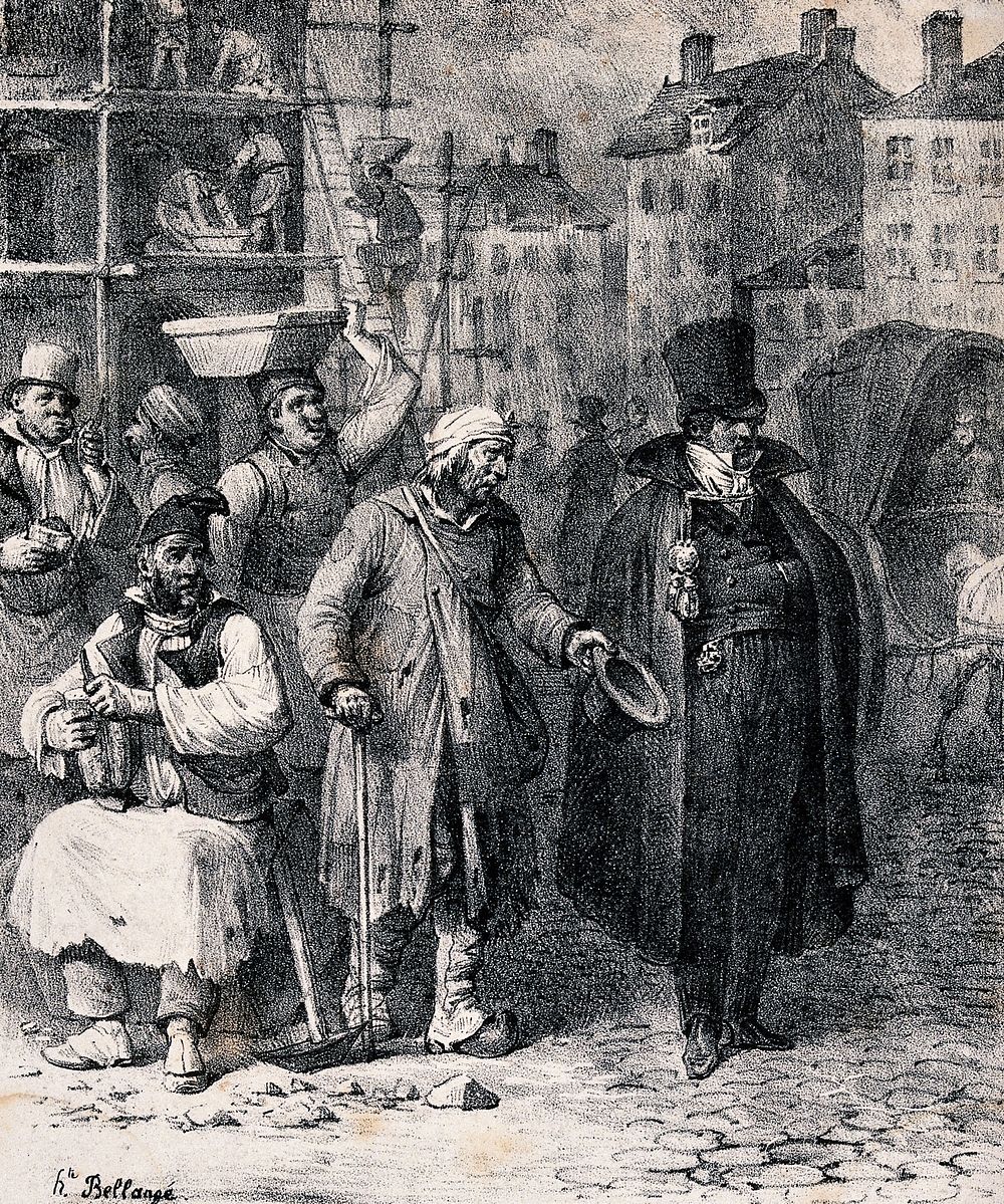 A street scene with bulding work going on and an old man holding his cap out to a well-dressed man who has ignored him and…