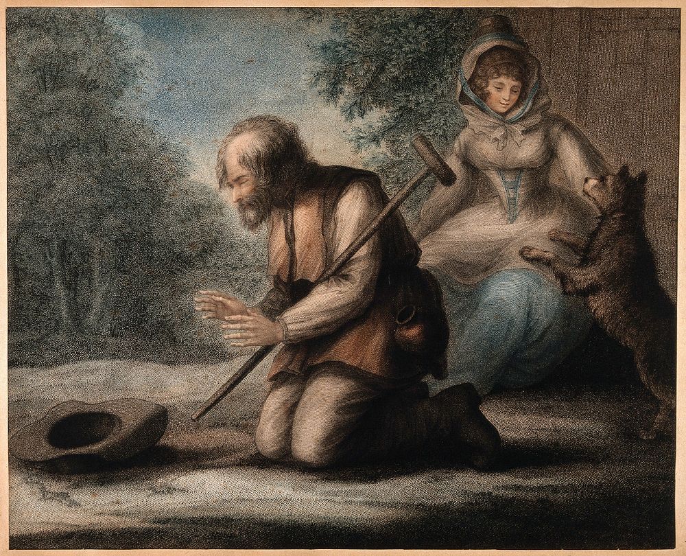 A blind man on his knees begging, a woman and dog behind him. Coloured stipple engraving.