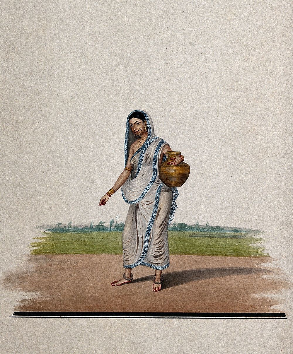A woman carrying a brass utensil. Watercolour by an Indian artist.