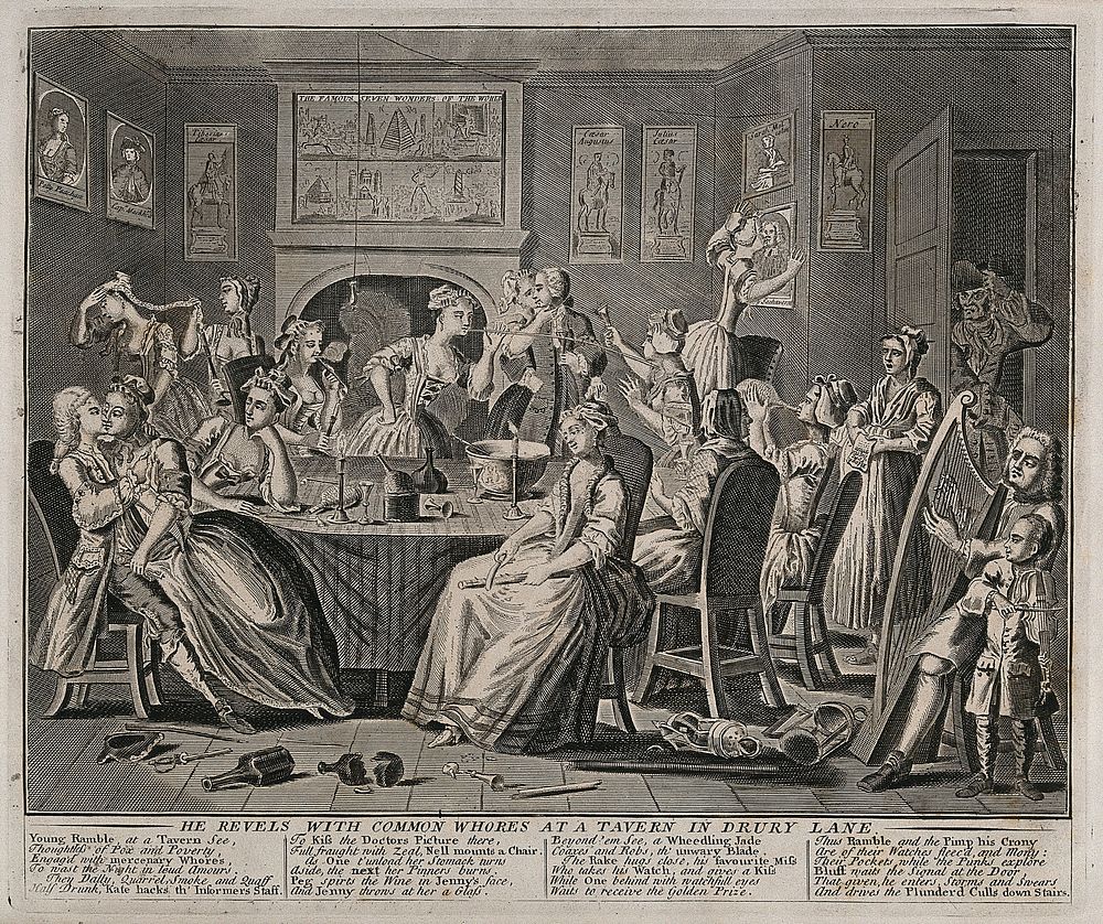 The rake carouses in a tavern full of prostitutes. Engraving by Thomas Bowles, 1735.