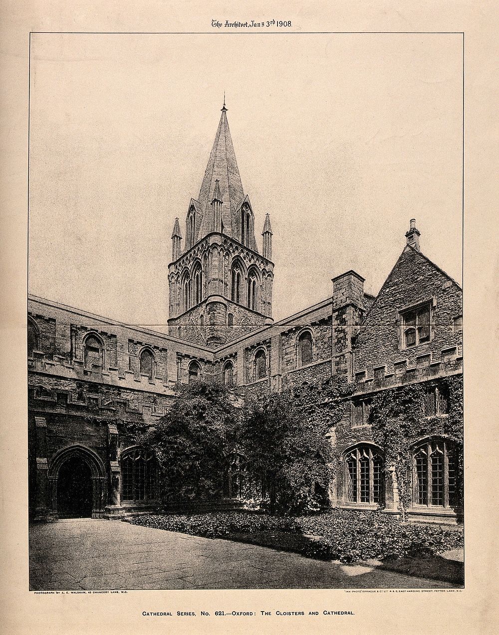 Christ Church, Oxford: cloisters and cathedral. Photolithograph by A.E. Walsham, 1908.