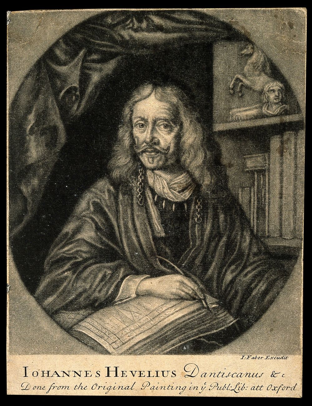 Joannes Hevelius [Hewelke]. Mezzotint by J. Faber after A. Stech, 1677.