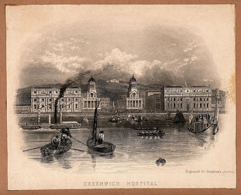 Royal Naval Hospital, Greenwich, with ships and rowing boats in the foreground. Engraving by W. Sharpe after W. and F. J.…