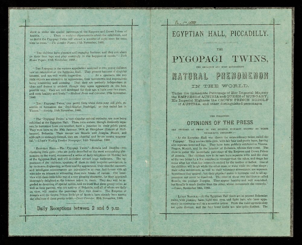 [Folded leaflet (turquoise paper - copies on purple paper exist) advertising appearances of 'The Pygopagi Twins', Josepha…