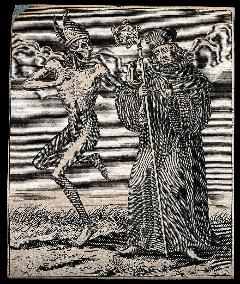Dance of death: death and the abbot. Etching attributed to J.-A. Chovin, 1720-1776, after the Basel dance of death.