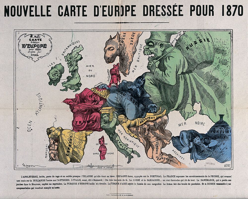 Different figures representing a map of the countries of Europe in 1870. Coloured lithograph after P.J. Hadol.