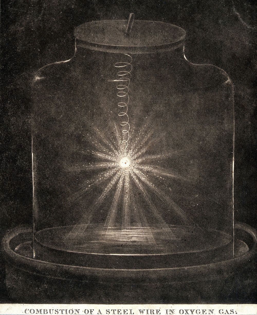 Chemistry: a piece of steel wire burning in oxygen inside a glass jar. Mezzotint, 1809.