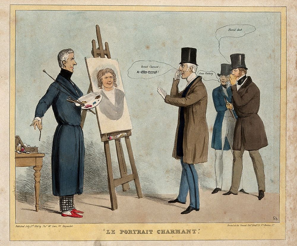 The Duke of Wellington admires a portrait of Lord Ellenborough painted by Lord Brougham, two figures including Lord John…