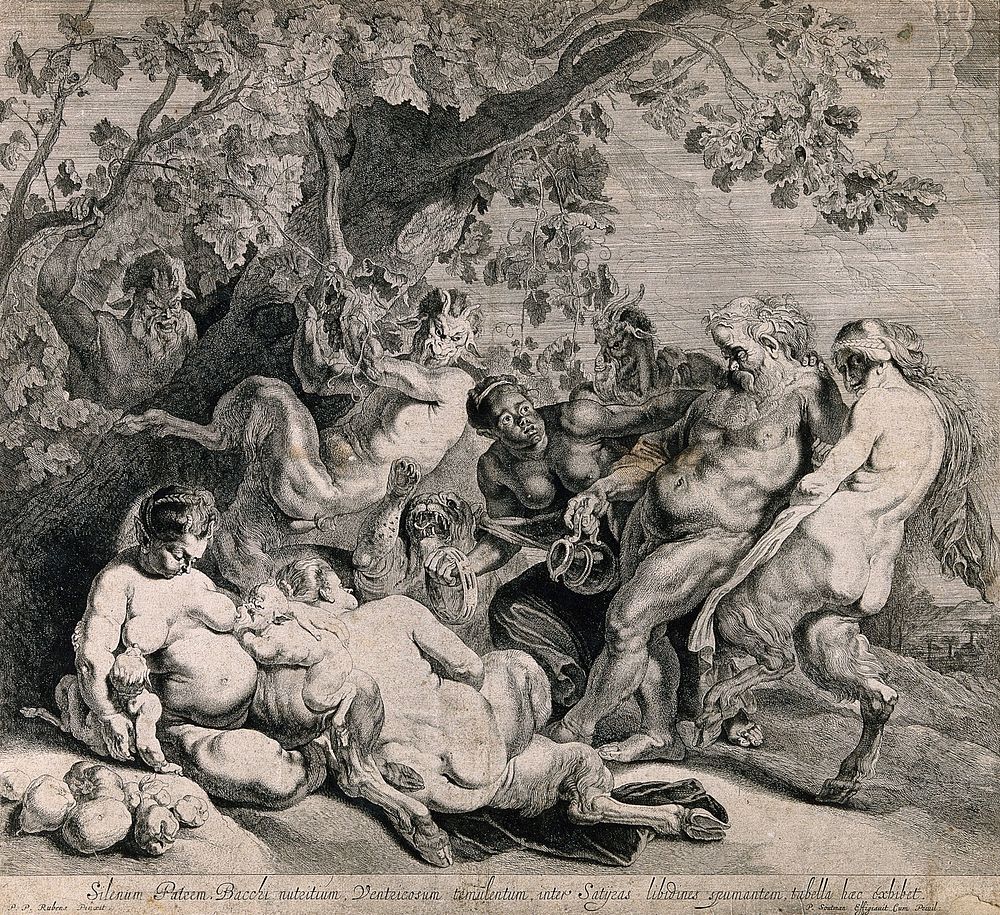 A drunken Silenus being helped to the base of a tree where lie female satyrs with their young. Etching by P. Soutman after…