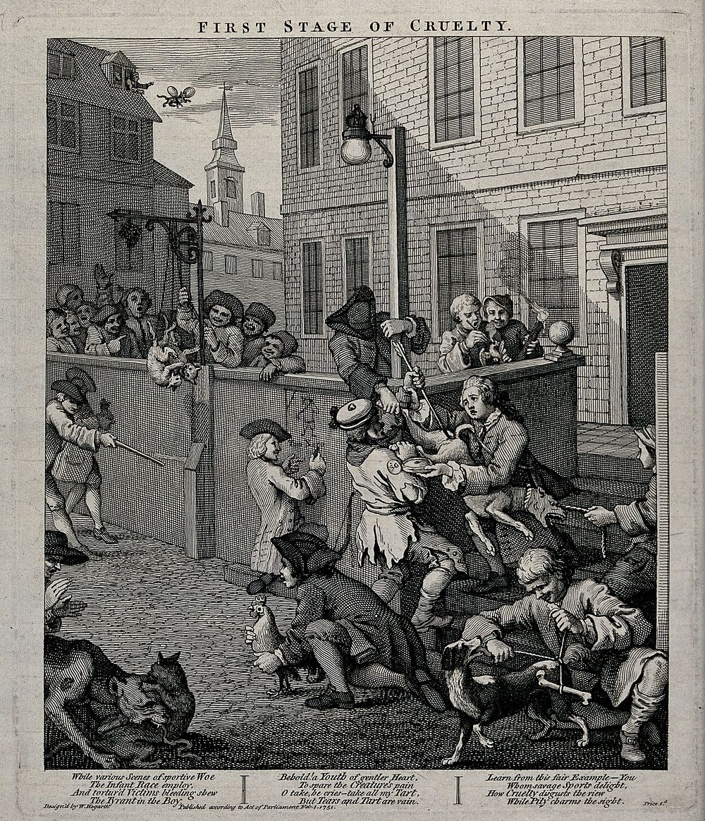 A street scene in which a dog is maltreated; a young man intervenes by offering his food to the miscreants. Engraving by…
