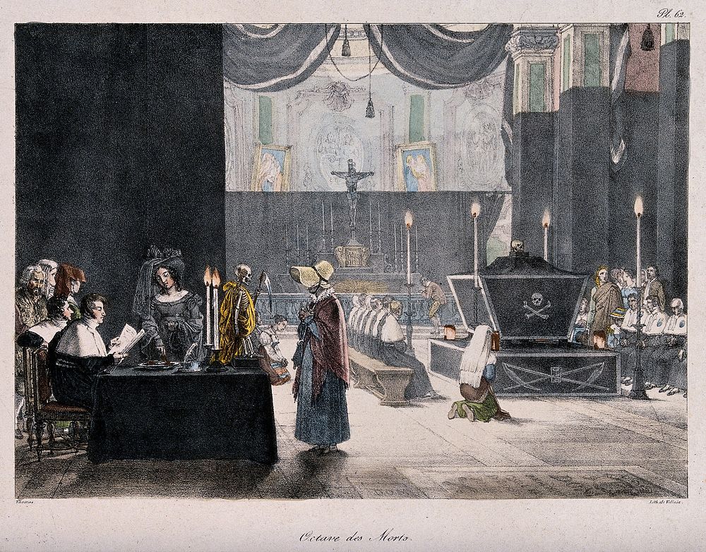 Rome: people praying at a catafalque in a church for the souls in purgatory. Coloured lithograph by F. Villain after A.J.-B.…