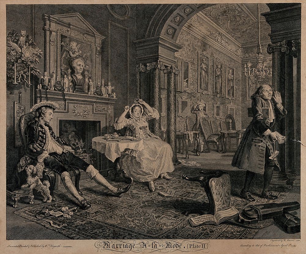 The viscount sits despondent in a chair, his wife indicates tiredness by stretching her arms, while a disapproving steward…