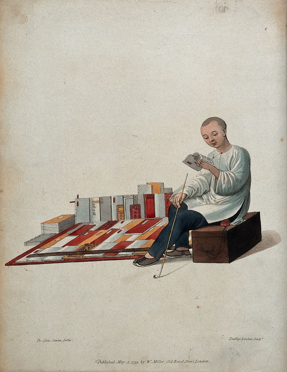 A Chinese bookseller seated on a box in the street, reading in front of his books. Coloured stipple engraving by J. Dadley…