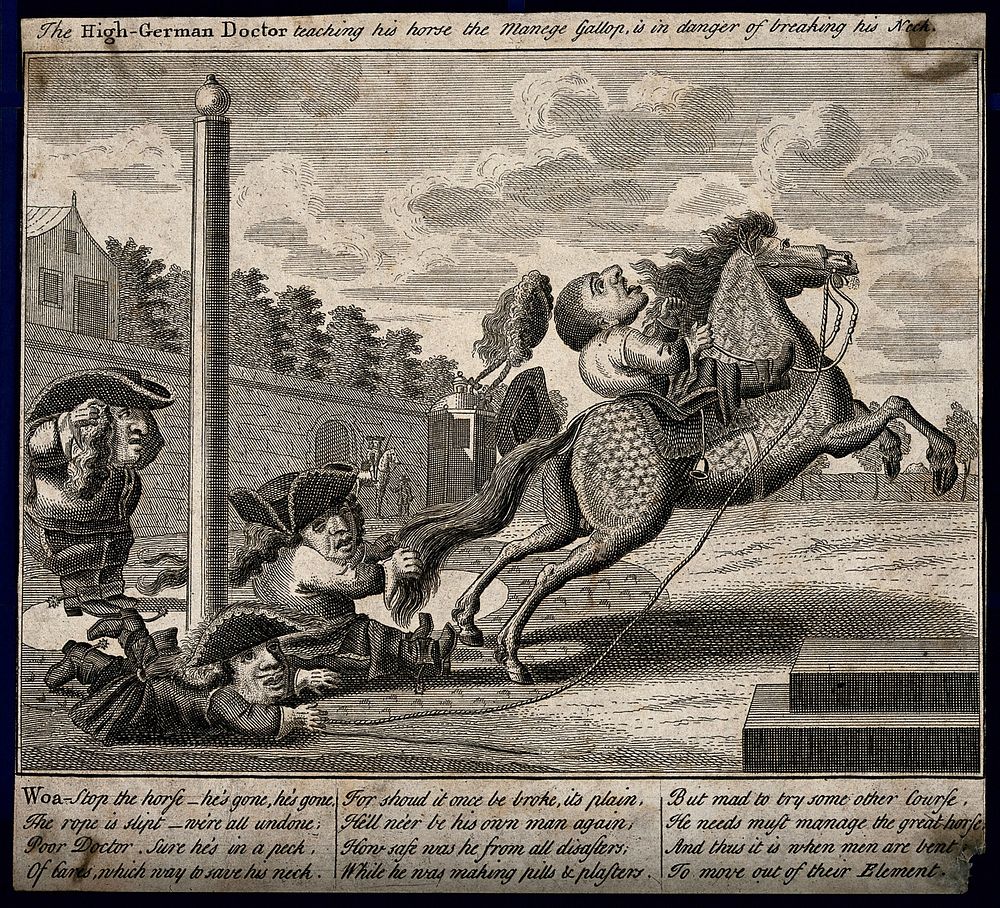 A Dutch quack doctor out of his depth on a spirited horse; implying his medical limitations. Engraving.