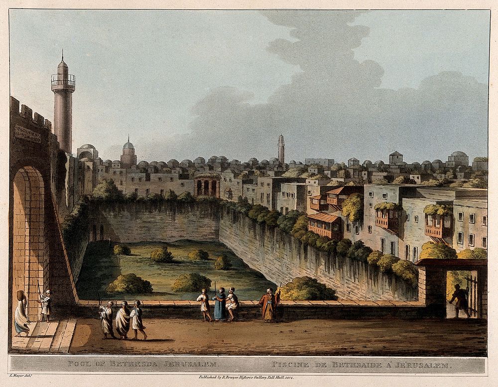 Pool of Bethesda, Jerusalem, Israel. Coloured aquatint by L. Mayer, 1804.