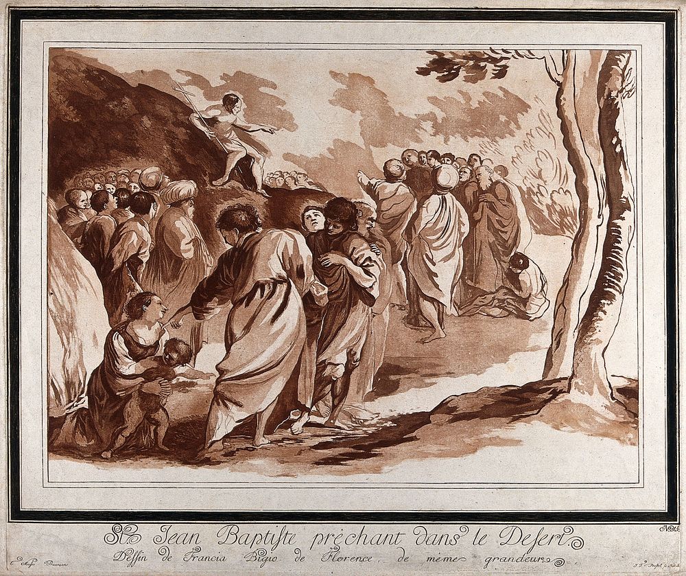 Saint John the Baptist preaching to the people. Colour etching by J.G. Prestel after Franciabigio.