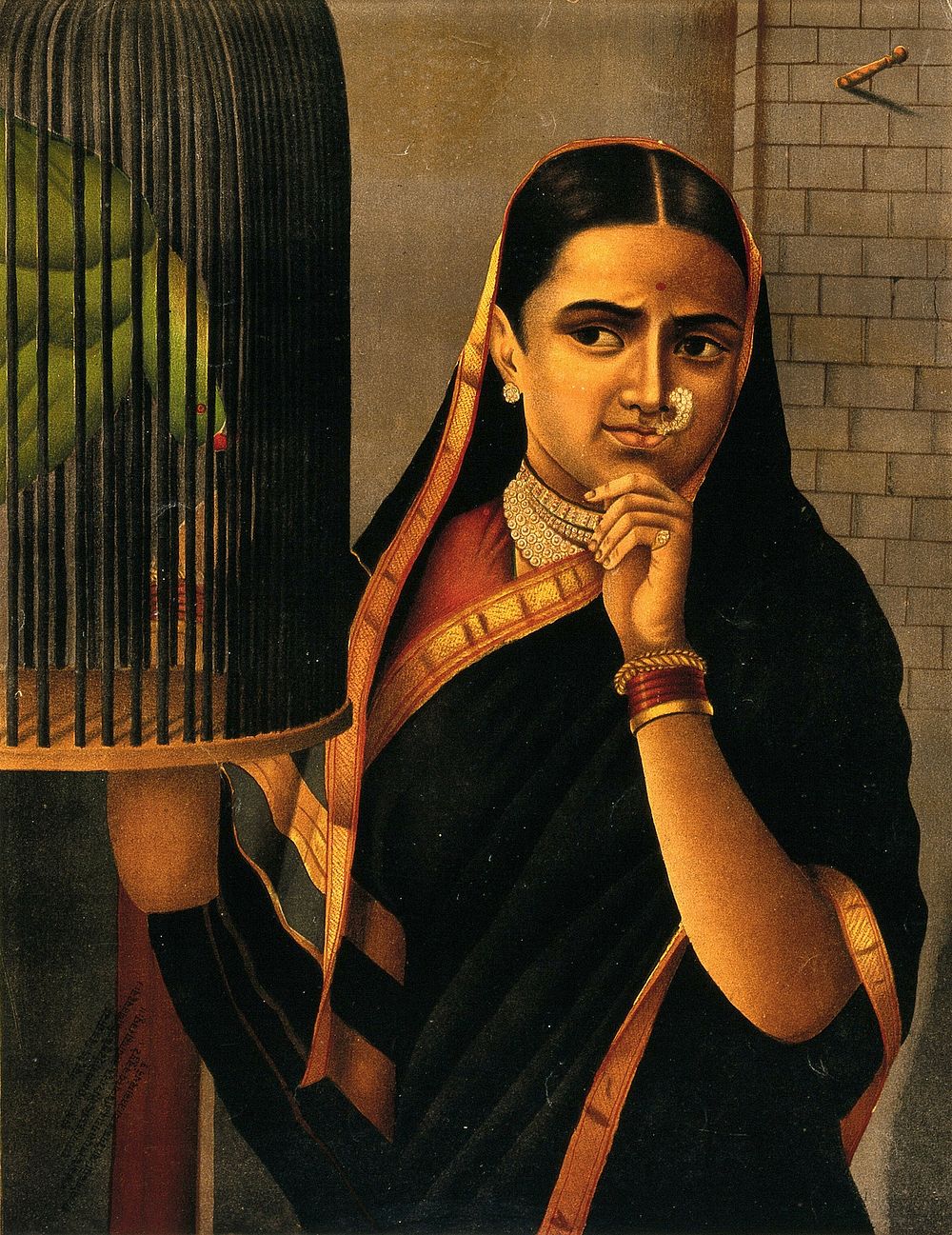 Woman looking at a caged parrot. Chromolithograph.