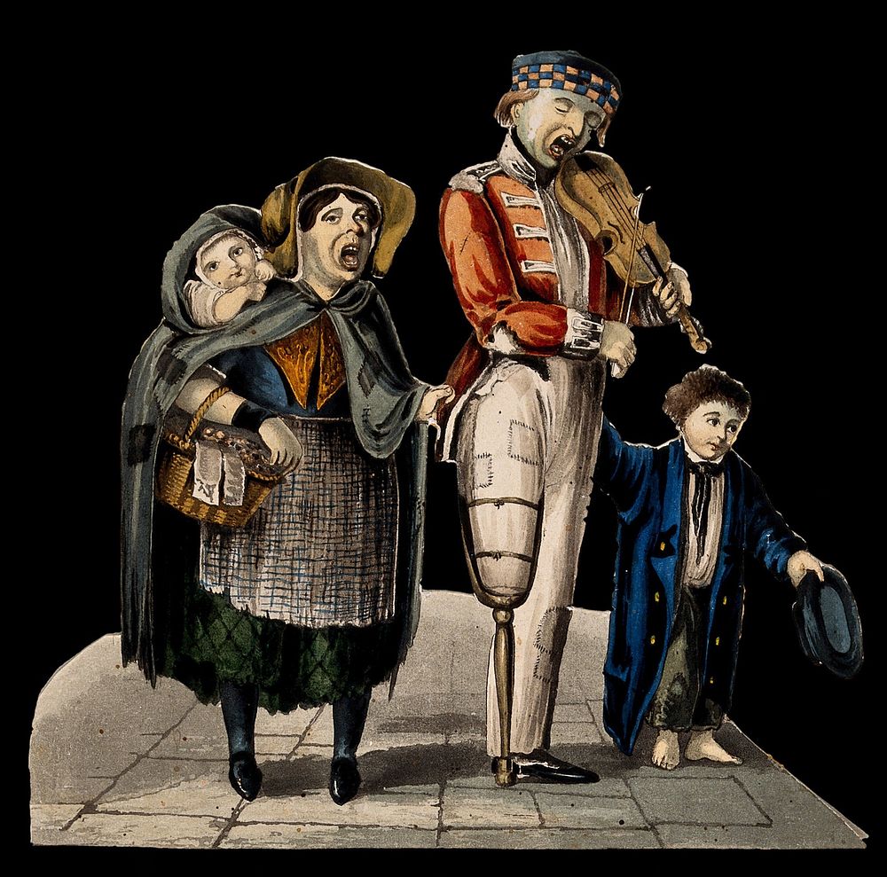 A man with a wooden leg plays the violin while his wife and children accompany him with a song. Coloured lithograph.