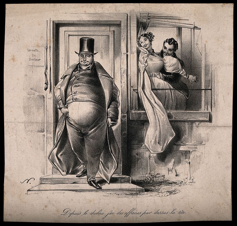 A portly, well-to-do physician leaves his house, while his wife cavorts in the window with a young dandy. Lithograph by P.…