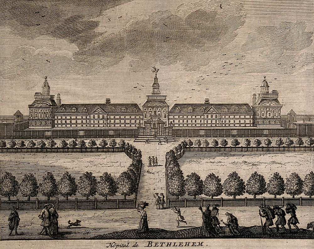 The Hospital of Bethlem [Bedlam] at Moorfields, London: seen from the south, with people walking in the foreground.…