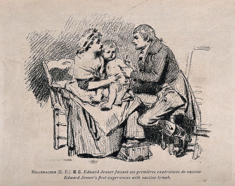 Edward Jenner vaccinating a boy. Lithograph after E.E. Hillemacher, 1884.