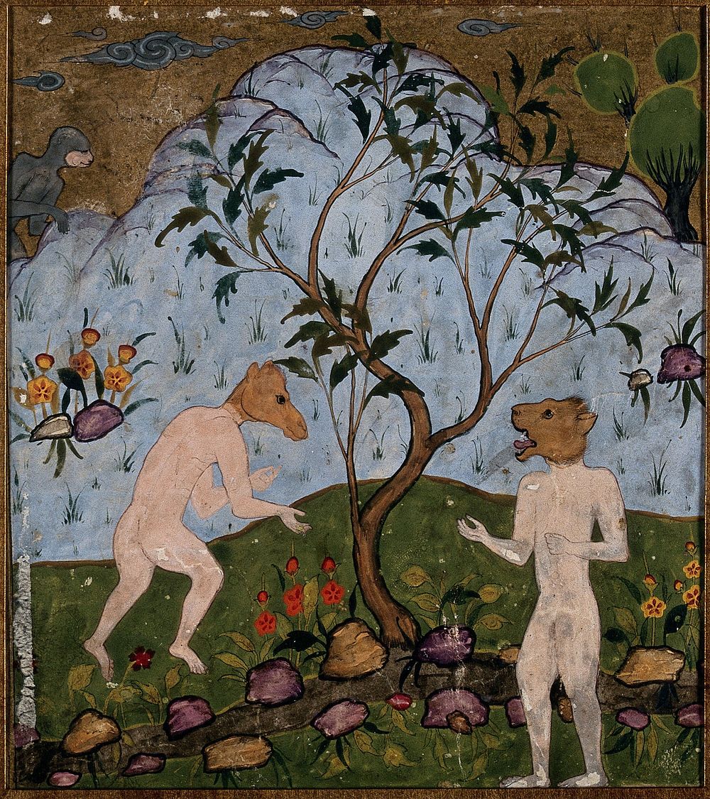 A pair of fabulous creatures, human in appearance but with the heads of animals. Gouache painting by an Persian artist, ca.…