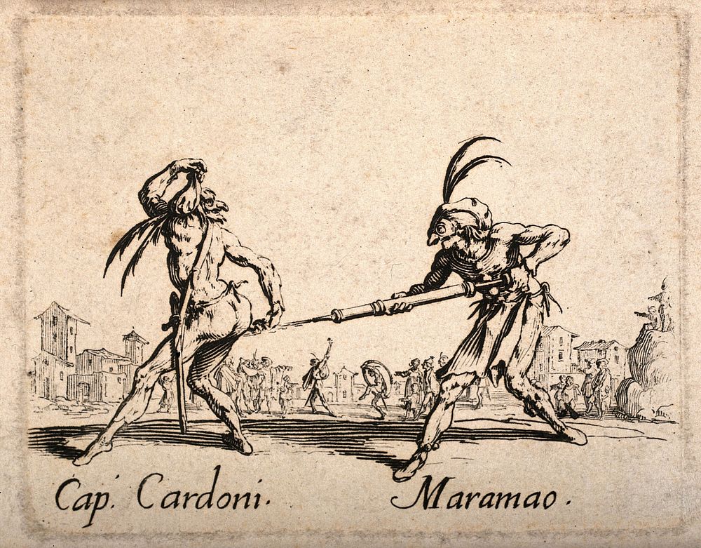 Two Commedia dell'arte street entertainers using a clyster as part of their performance. Etching after J. Callot.