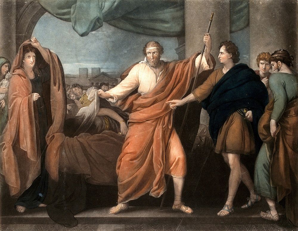 Aegisthus discovering the body of Clytaemnestra. Colour mezzotint by V. Green, 1786, after B. West, ca. 1780.