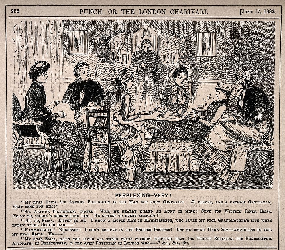 An unwell woman bombarded by her five friends' different recommendations of a doctor. Wood engraving by G. Du Maurier, 1882.