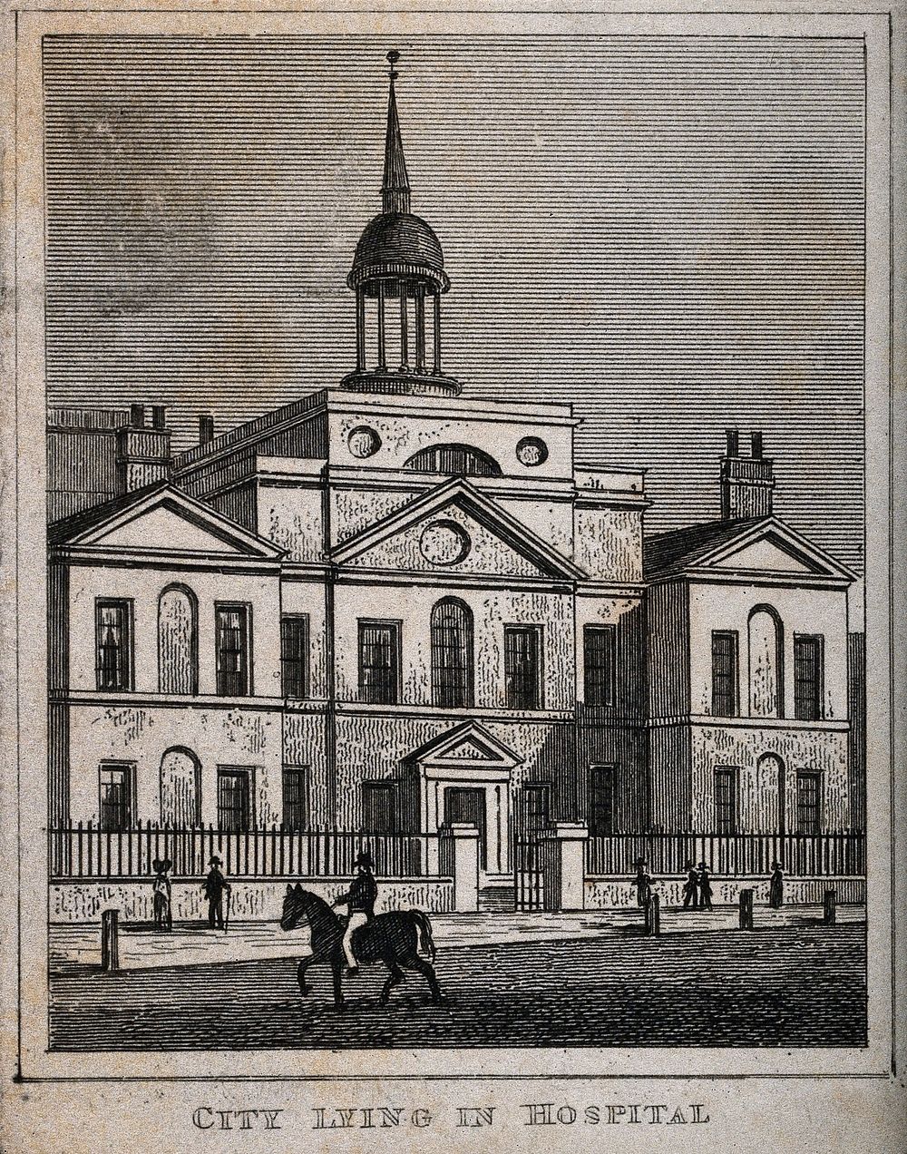 City of London Lying-in Hospital: the facade. Engraving by J. Roberts, c.1834.