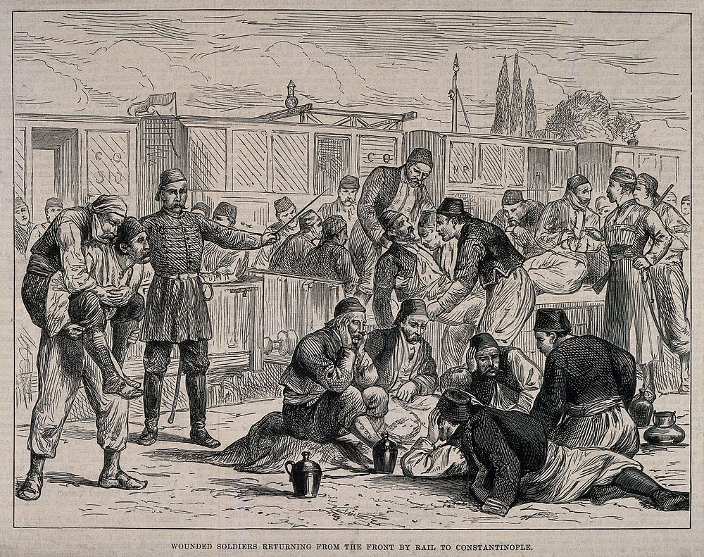 Serbo-Turkish War: wounded soldiers returning to Constantinople by train. Wood engraving.
