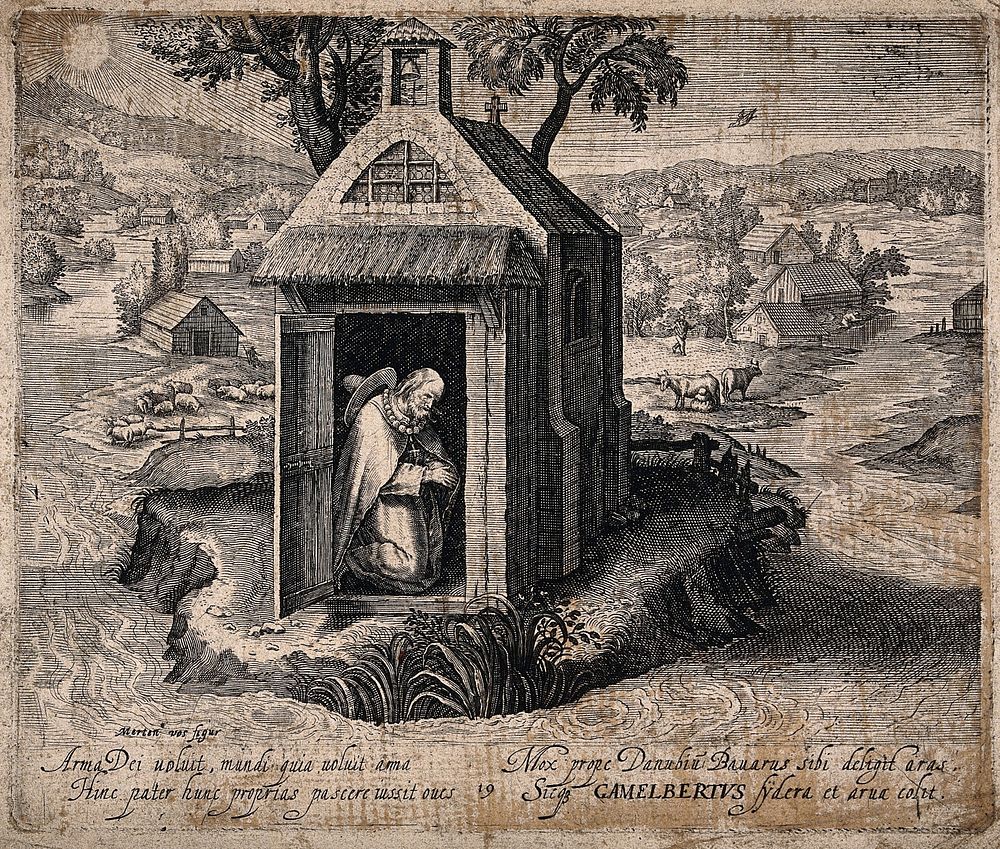 The Blessed Gamelbert of Michaelsbuch kneeling and praying in a chapel by the Danube; fields and houses in the background.…