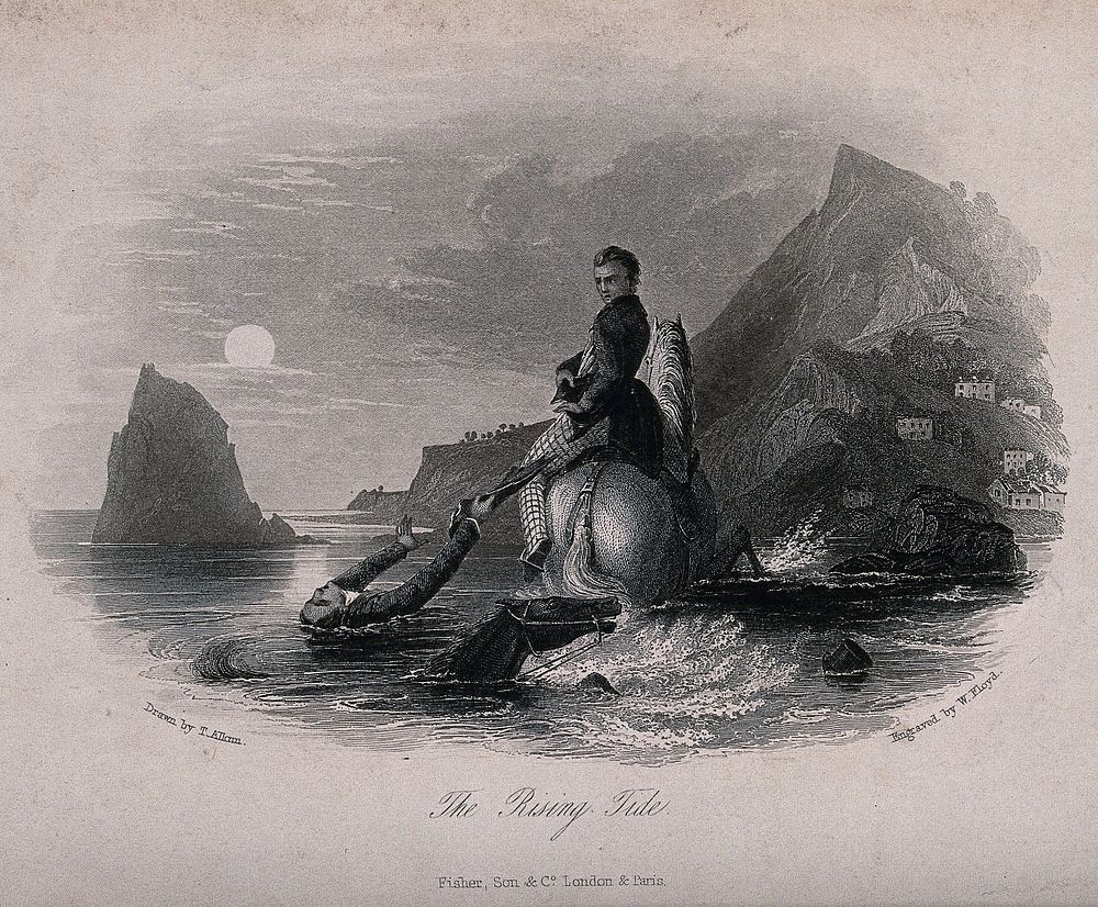 A drowning man and his horse in the sea: the drowning man holds on to the tailcoat of another rider until it tears and…