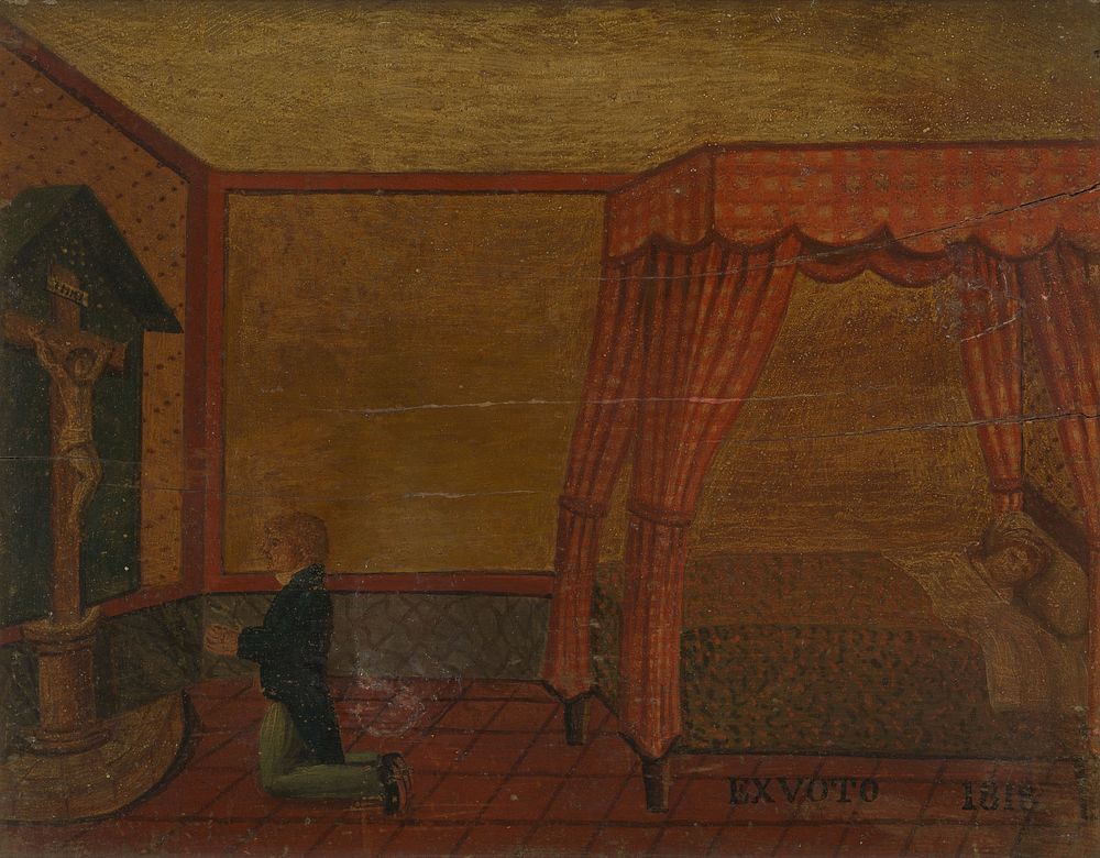 A man praying to Christ for the health of a person in bed. Oil painting, bears date 1818.