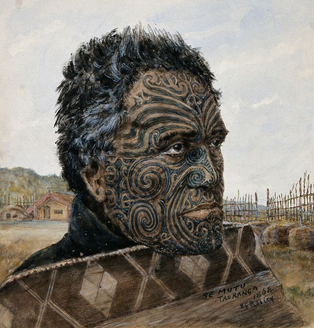 Te Mutu: portrait showing detail of moko design, Tauranga 1864. Watercolour by H.G. Robley, 1864.