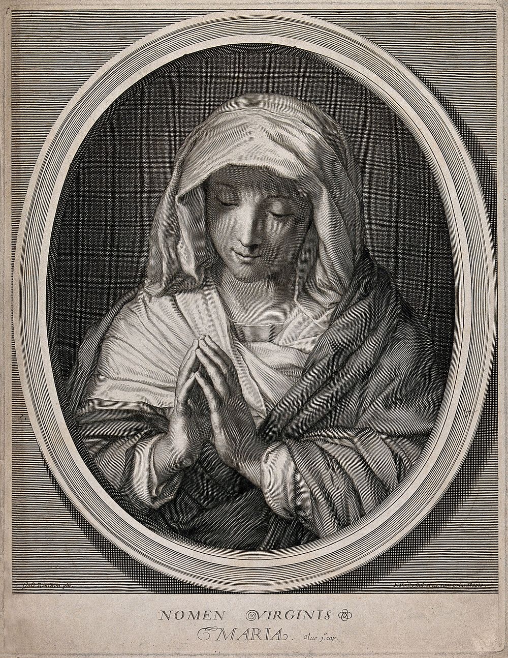 Saint Mary (the Blessed Virgin). Line engraving by F. de Poilly after G. Reni .