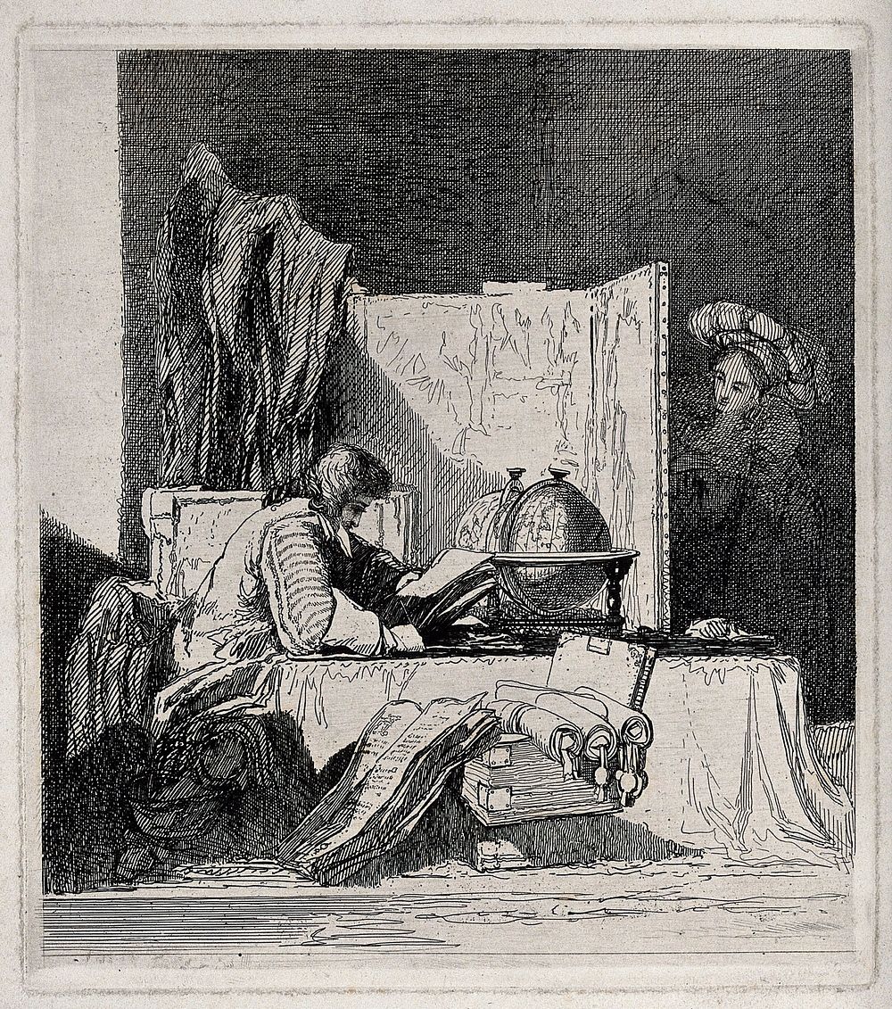 A scholar sits in his study reading by a globe, a woman peeps from behind a screen. Etching.