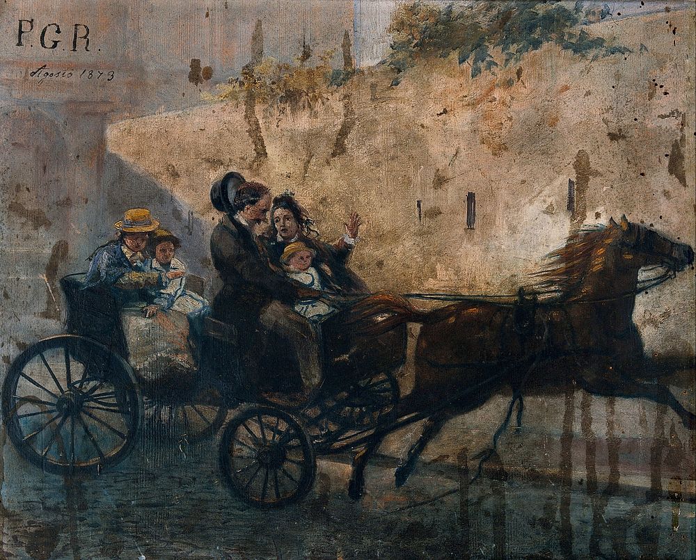 People in a carriage being carried away by a runaway horse, August 1873. Oil painting by an Italian painter, 1873.
