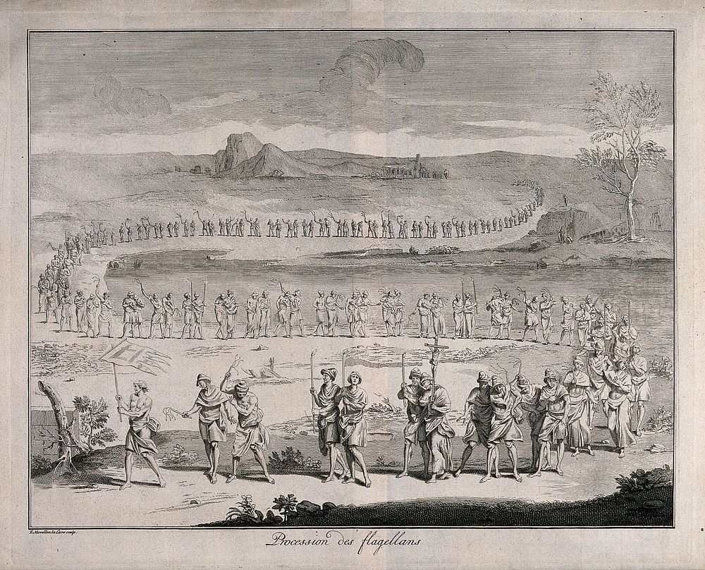 A procession of flagellants. Engraving by François Morellon de la Cave.