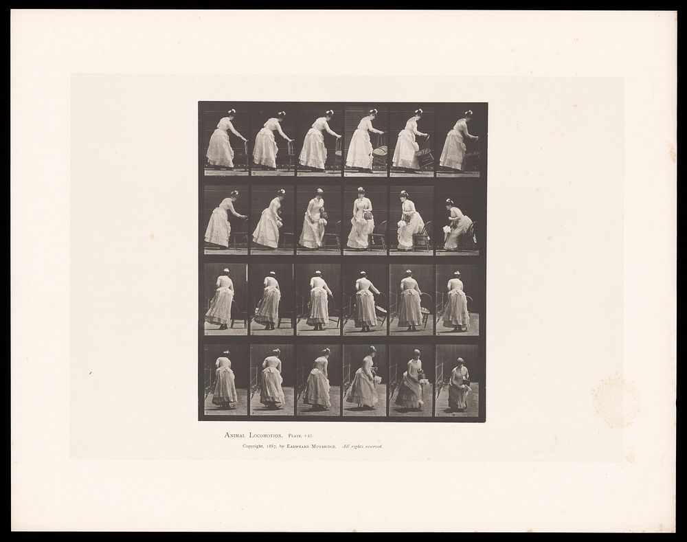A clothed woman carrying a parasol and handbag moves a chair, turns and sits on it. Collotype after Eadweard Muybridge, 1887.