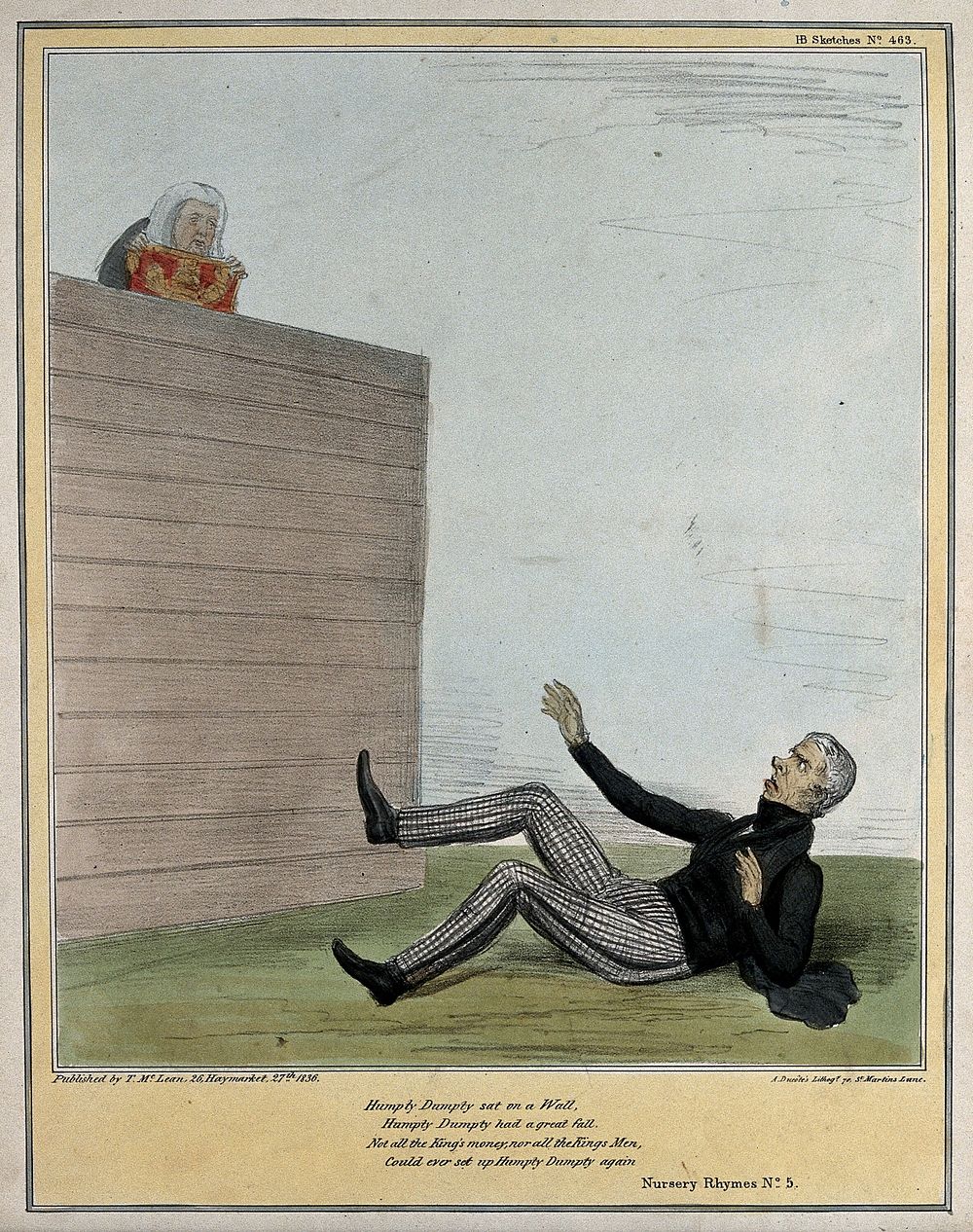 Behind a high wall is the bewigged figure of Lord Cottenham, below on his back, as if having fallen, is Lord Brougham.…