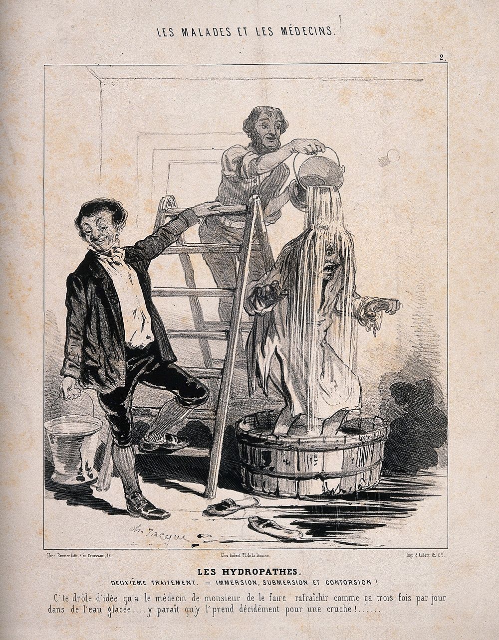 A man is treated to a cascade of water in the name of hydropathy. Lithograph by C. Jacque, 1843.