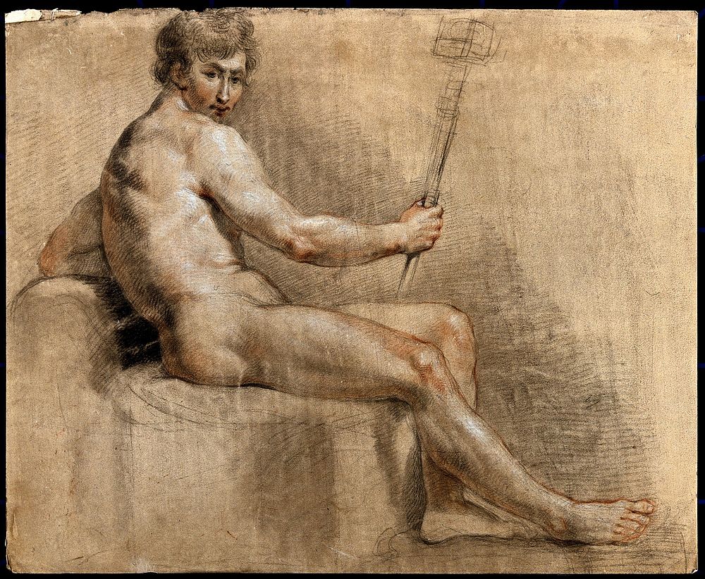 A seated male nude looking over his right shoulder and holding a staff. Black and red chalk drawing with white highlights.