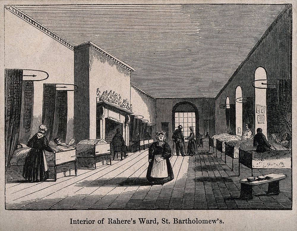St Bartholomew's Hospital, London: the interior of a ward with nurses and patients. Wood engraving by E. Gilks after W. A.…