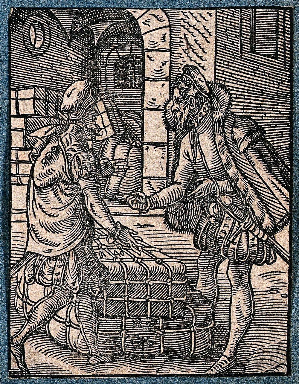 A merchant haggles with another merchant over a large bundle of goods. Woodcut by J. Amman.