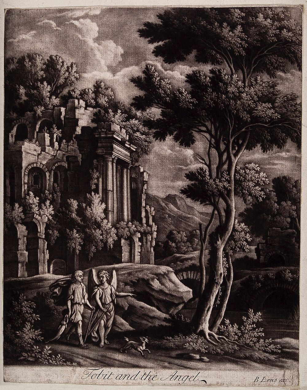 Tobias and the angel stroll through a classical landscape. Mezzotint by B. Lens.