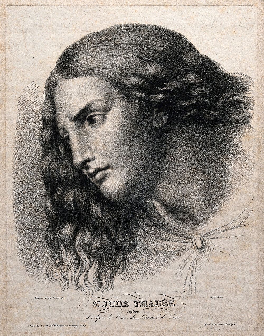 Saint Jude Thaddaeus. Stipple engraving by A. Rogat after E. Bourgeois after Leonardo da Vinci.